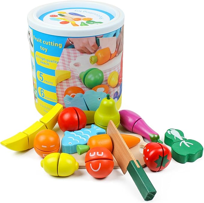 AM ANNA Play Food for Children Toy Food Sets Wooden Toys Vegetables and Fruits Cutting Set Wooden Kitchen Play Food Educational Toys