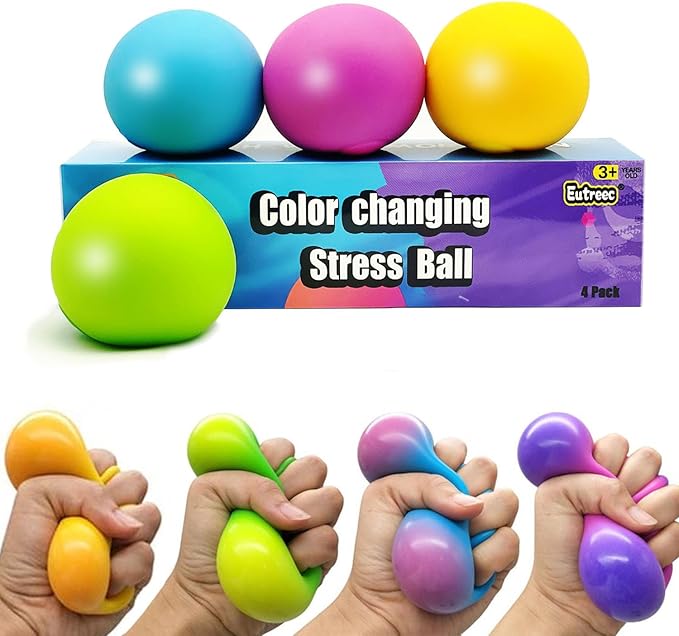 Eutreec Stress Ball Toys Color Changing - Sensory Squeeze Toys Squishy Balls for Teens Kids and Adults Stress Relief Balls for Easter Stocking Party Bundle - 4 Pack(Green/Yellow/Blue/Pink)