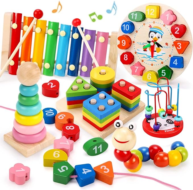 AM ANNA Montessori Toys for 1 2 Year Old Boys Girls, 6 In 1 Kids Wooden Toys Toddler Toys Includes Stacking Sorting Xylophone Bead Maze Baby Boy 3-6 Year,Preschool Educational Toy Gifts